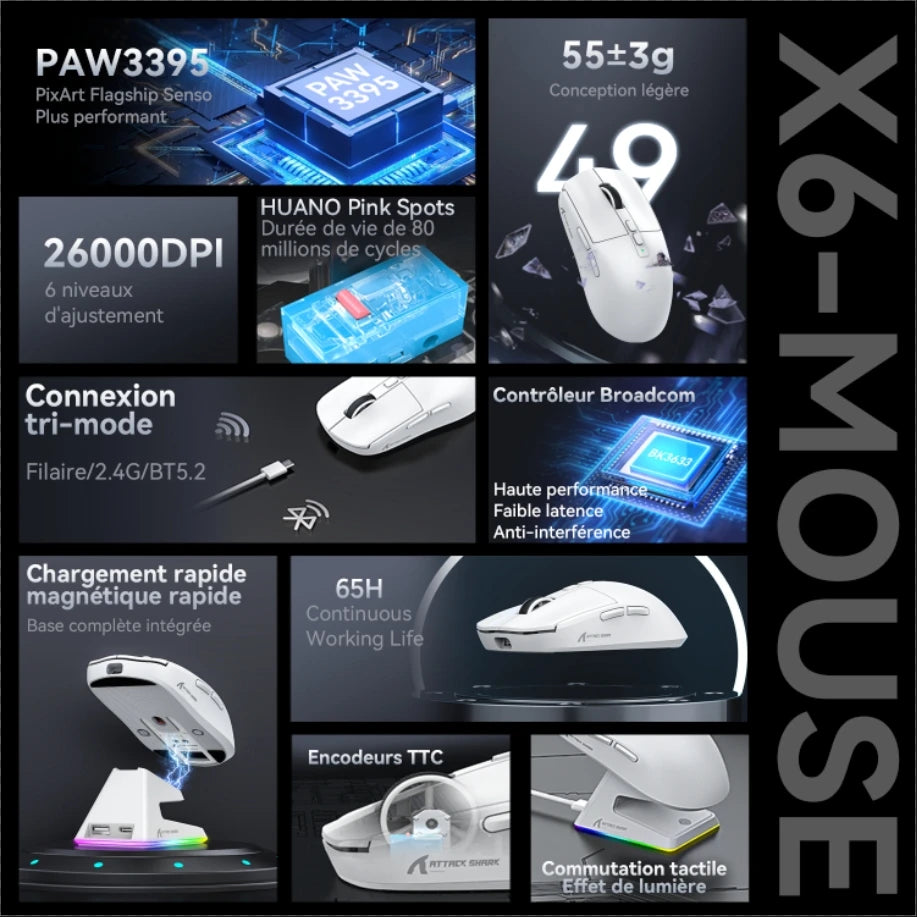 Attack Shark X6 Wireless Ergonomic Gaming Mouse Adjustable DPI Wired 2.4G/Bluetooth High Precision Rechargeable Mice