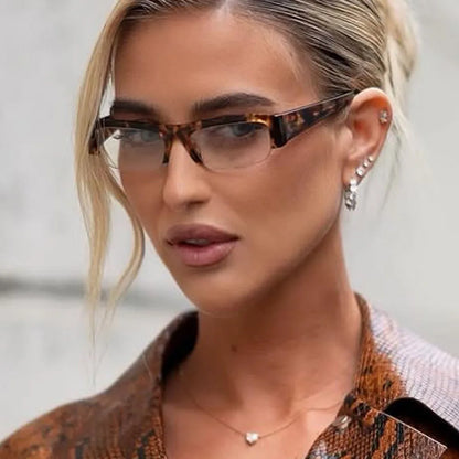 Vintage-Sonnenbrille mit kleinem, rechteckigem Halbrahmen in Schwarz, Leopardenmuster und Farbverlauf – trendige Damen-Sonnenbrille zum Autofahren