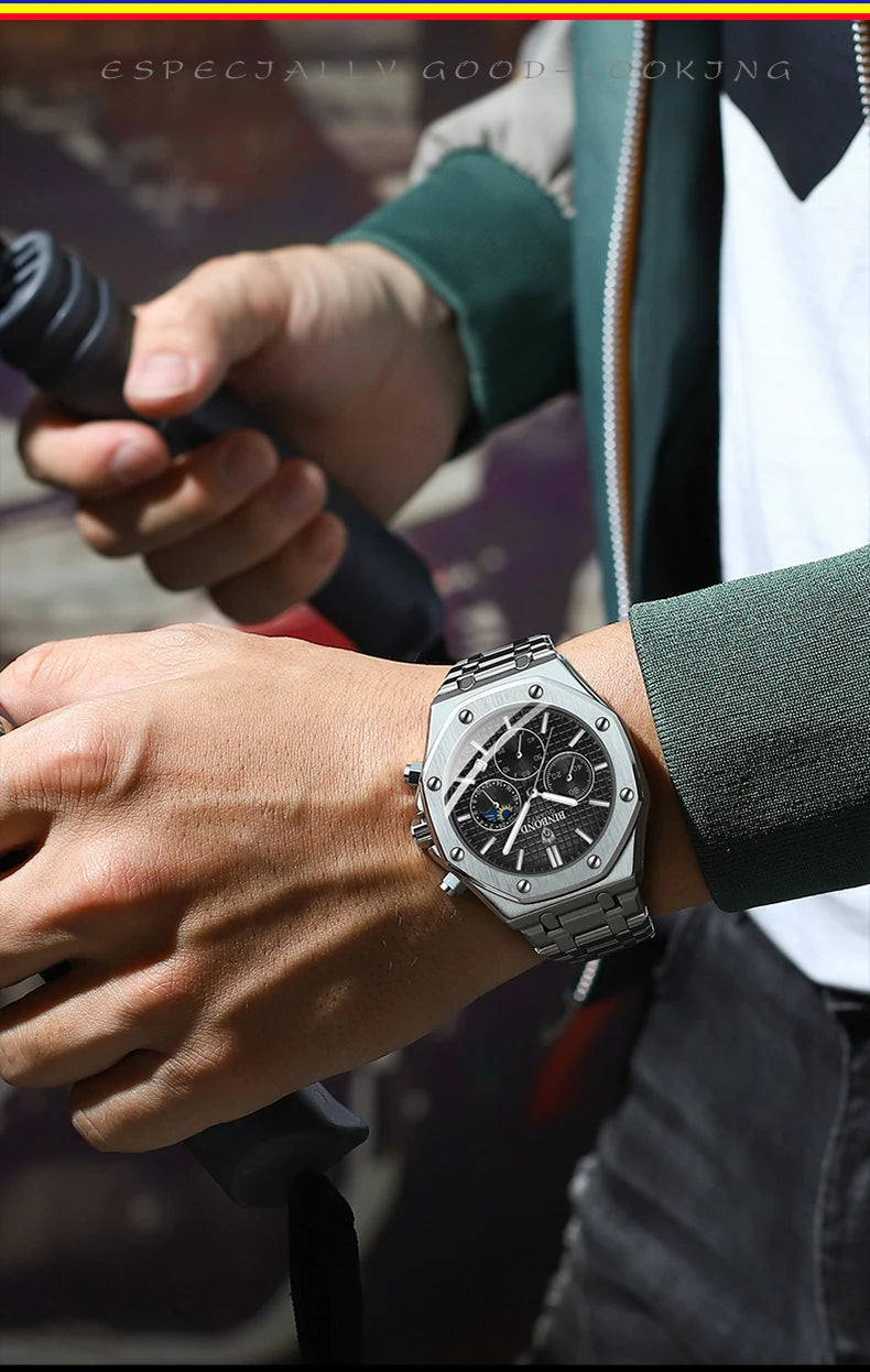 Montre-bracelet à quartz BINBOND pour homme, chronographe de luxe luminescent, en acier inoxydable, étanche, avec date et calendrier
