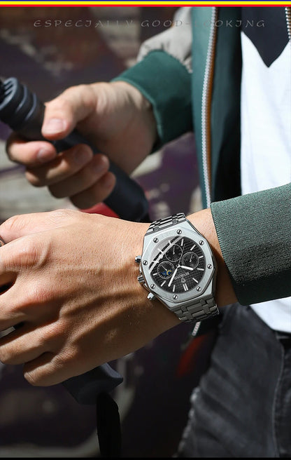 Montre-bracelet à quartz BINBOND pour homme, chronographe de luxe luminescent, en acier inoxydable, étanche, avec date et calendrier