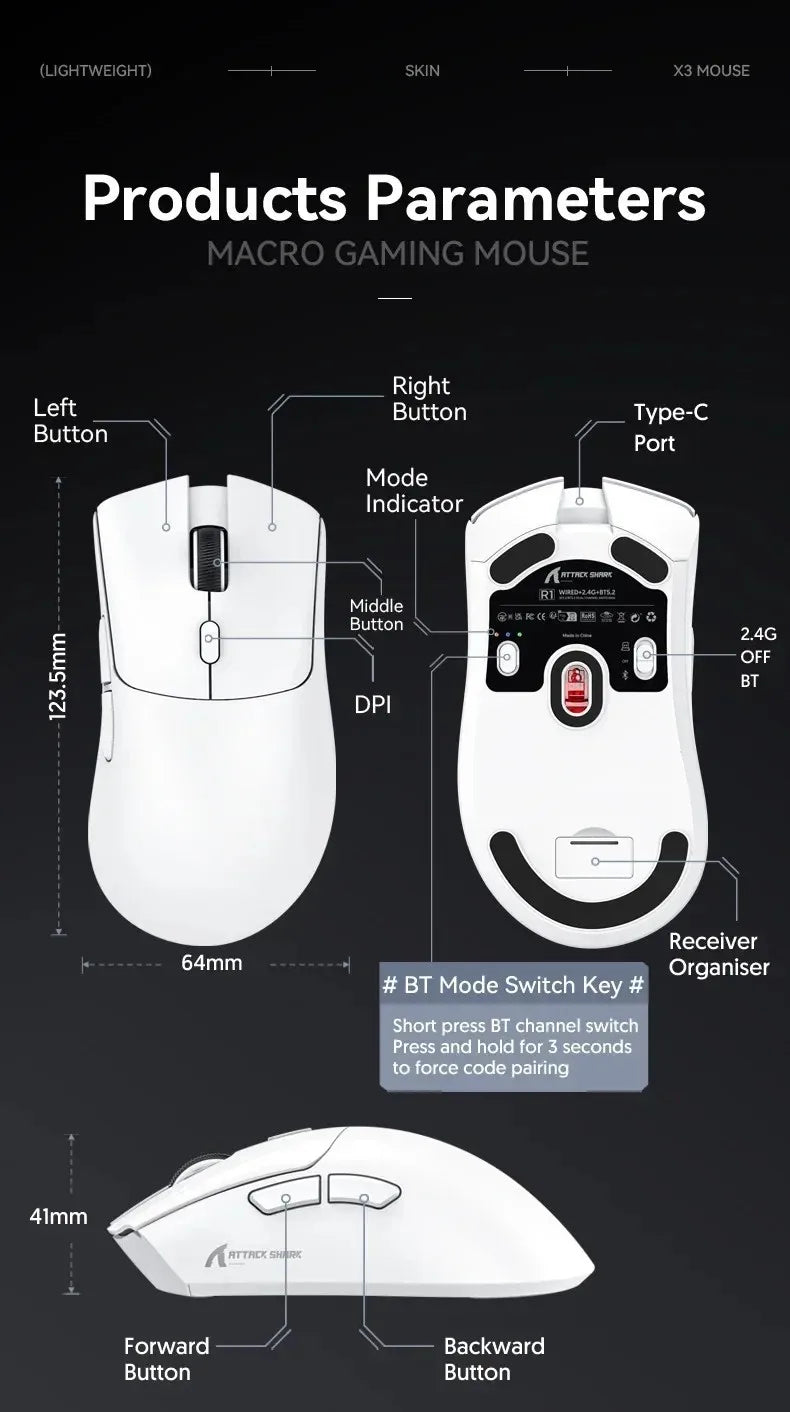 ATTACK SHARK R1 59g Ultra-light Mouse have PAW3311,18000DPI,400IPS,40G,1000Hz,Tri-Mode,Broadcom BK3633 Master,20 Million Times