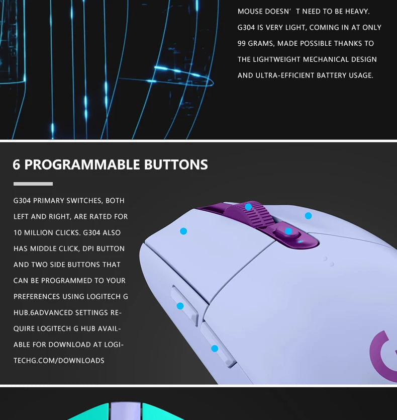 Logitech G305 wireless mouse, 12000 DPI, HERO sensor, 9-month battery life, sensitive hotkeys, suitable for casual gamers.