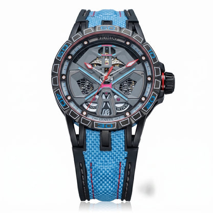 OBLVLO Men's Luxury Machinery Skeleton Mechanical Automatic Watches Analog Big Dial Blue Rubber Band Military Watch RD-909