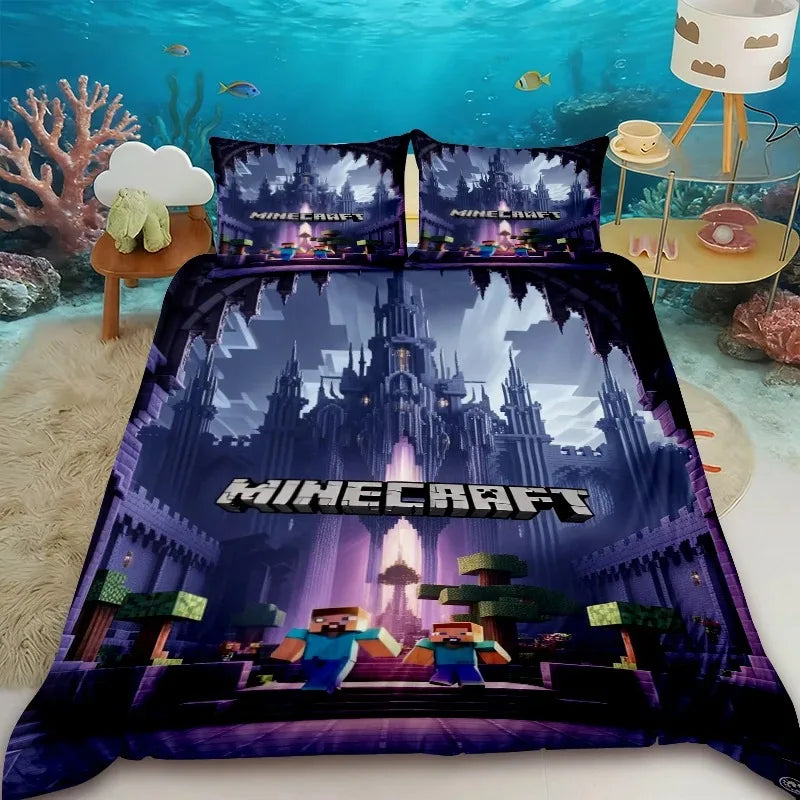 Capa de edredão infantil Cartoon Minecraft, conjunto de cama com capa de edredão, tamanho Queen, King e Full, com 1/2 fronha para quarto