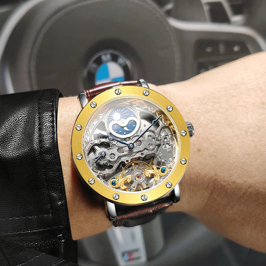 Orologio da polso meccanico automatico SKROX da uomo, modello scheletrato con funzione GMT, fasi lunari e tourbillon – Orologio di lusso di alta gamma, elegante e originale.