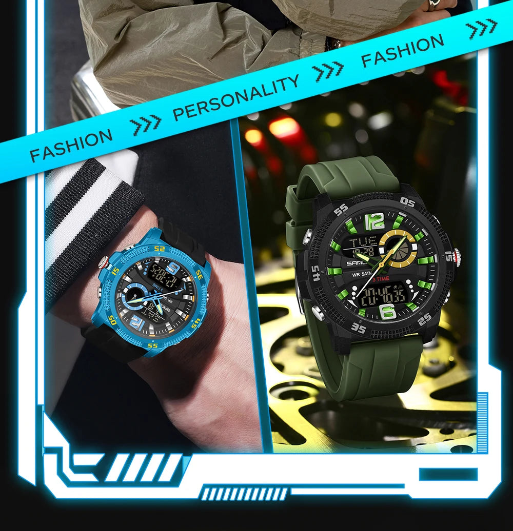 Montres de luxe pour homme SANDA Fashion : montre-bracelet à quartz analogique et numérique, style sportif, décontractée, étanche, avec chronographe en silice