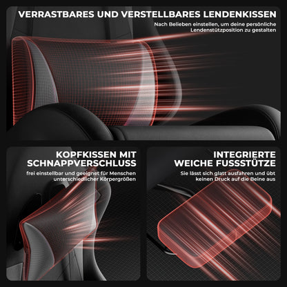 Ergonomic Gaming Chair, Lumbar & Head Pillow, Adjustable Height, Black-Grey