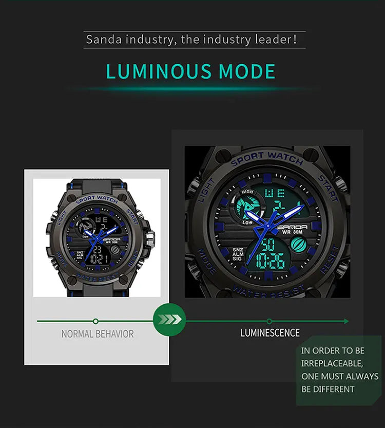 SANDA Montres de luxe haut de gamme pour homme, montre militaire, montre-bracelet sportive étanche, montre à double affichage, Relogio Masculino