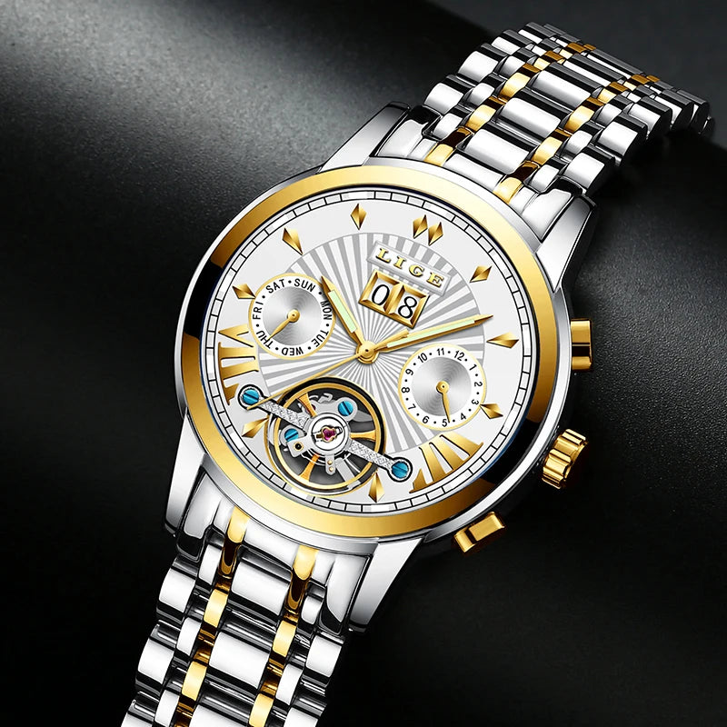 Męskie zegarki mechaniczne z automatycznym mechanizmem marki LIGE – luksusowy zegarek z najwyższej półki z tourbillonem, elegancki i wodoodporny, idealny do pracy lub na uroczyste okazje.
