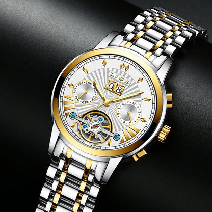 Męskie zegarki mechaniczne z automatycznym mechanizmem marki LIGE – luksusowy zegarek z najwyższej półki z tourbillonem, elegancki i wodoodporny, idealny do pracy lub na uroczyste okazje.