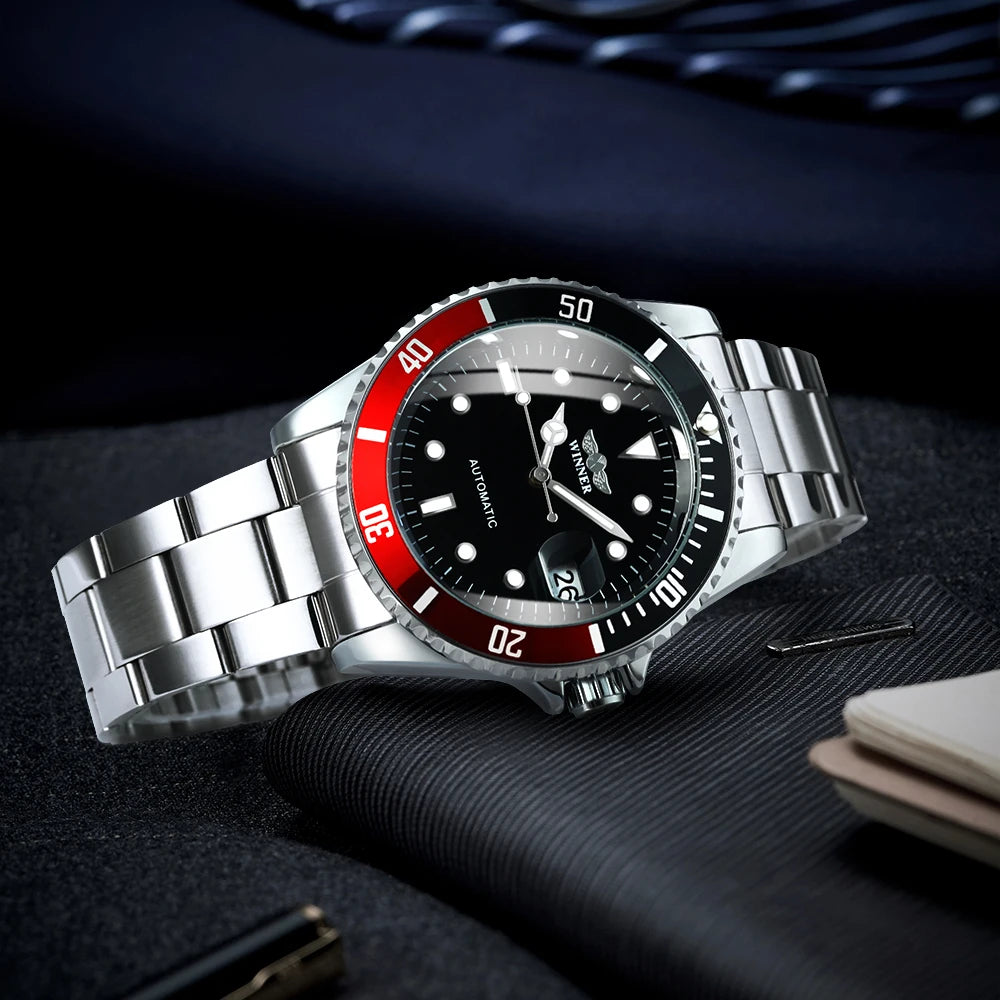 Orologio meccanico classico da uomo – Marchio di lusso, stile professionale, movimento automatico, lunetta girevole, quadrante luminescente, bracciale in acciaio