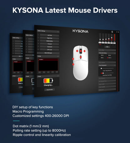 KYSONA M617 Wireless Mouse Ergonomics Tri-mode  Rechargeable 2.4G 59g Lightweight E-sports PAW 3395 DPI 26K Gaming Mouse For PC