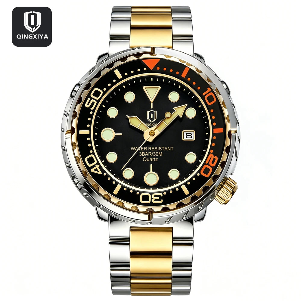 Montres pour homme QINGXIYA : montres de luxe à quartz pour homme, tendance, étanches, luminescentes, avec date et cadran rotatif, en acier inoxydable