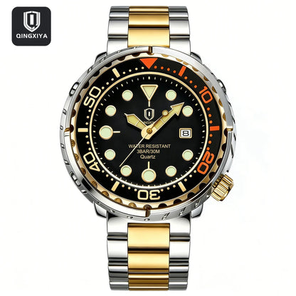 Montres pour homme QINGXIYA : montres de luxe à quartz pour homme, tendance, étanches, luminescentes, avec date et cadran rotatif, en acier inoxydable