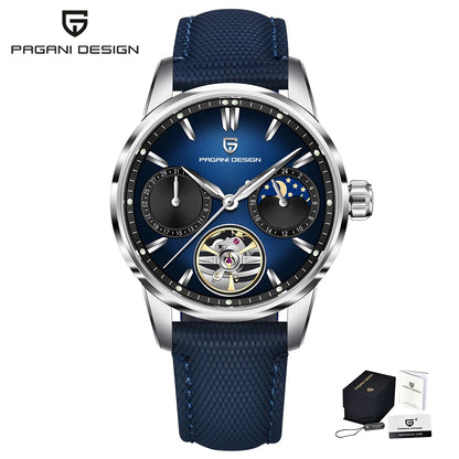 PAGANI DESIGN – Luksuzna mehanska ura za moške, 41 mm, safirno steklo, usnjena zapestnica, vodotesna, v pilotskem slogu, s turbijonom in prikazom lunine faze