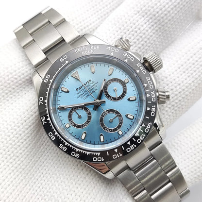 Zegarek kwarcowy dla mężczyzn 39 mm – luksusowy chronograf, modny, z szafirowym szkiełkiem, stylowy, sportowy, z bransoletą ze stali nierdzewnej