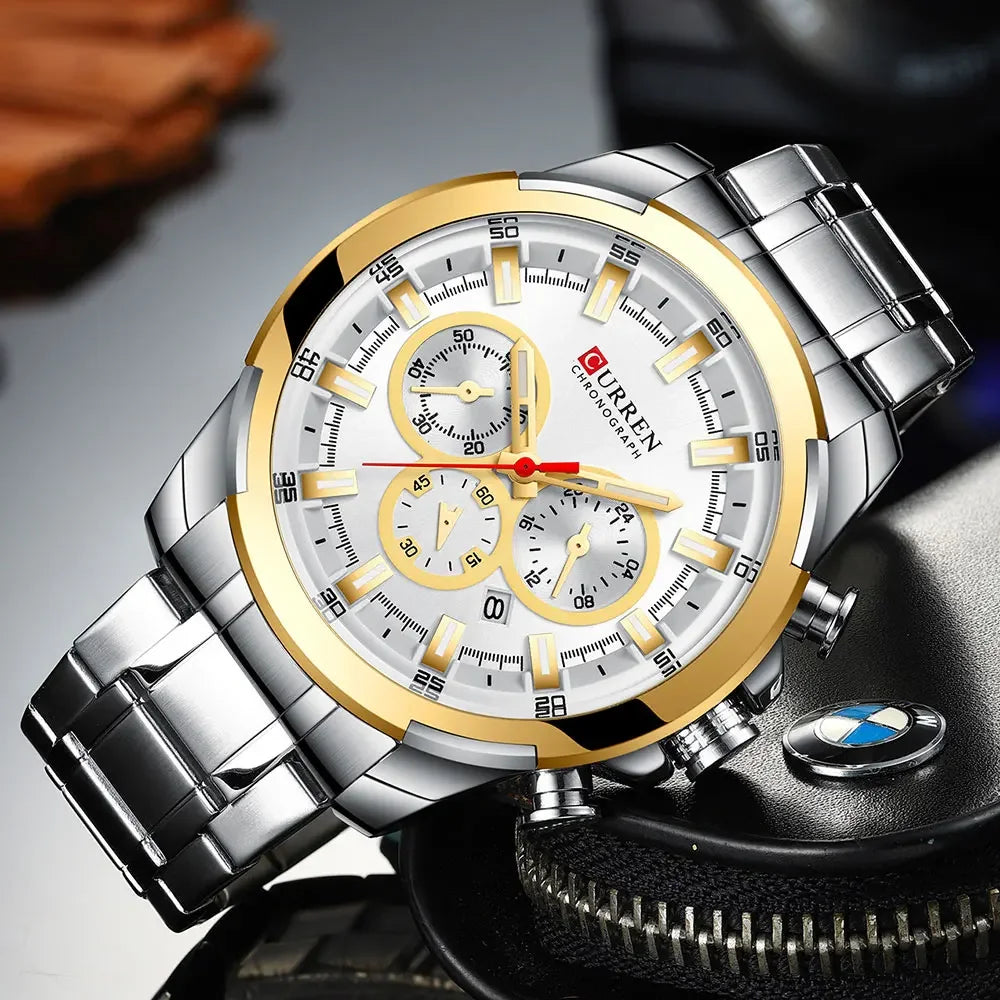 Orologio cronografo da uomo CURREN, quadrante grande da 48 mm, bracciale in acciaio inossidabile, tre contatori, orologio da polso sportivo al quarzo, stile lussuoso
