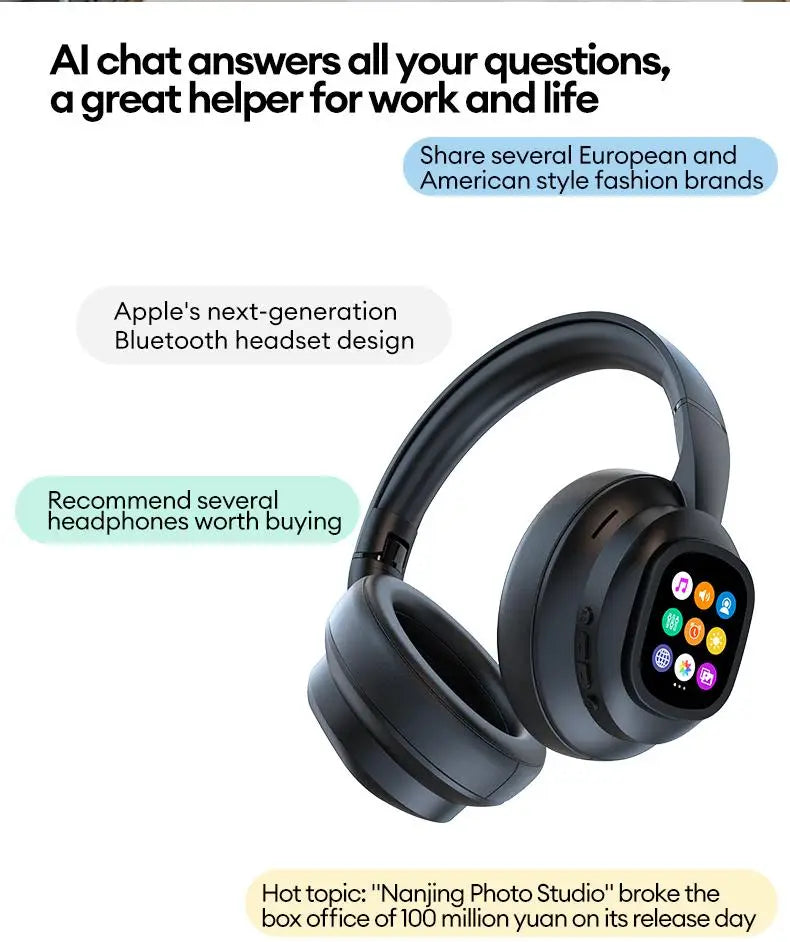 AI LCD Touch Screen Shock Bass Headsets HIFI Sound Wireless Bluetooth Headphones ANC Noise Reduction Gamer Earphones With HD Mic