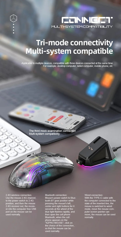 Attack Shark X2PRO Bluetooth Mouse, Tri-Mode , RGB Lights, Magnetic Charging ,Transparent, Battery Indicator, Computer Phone