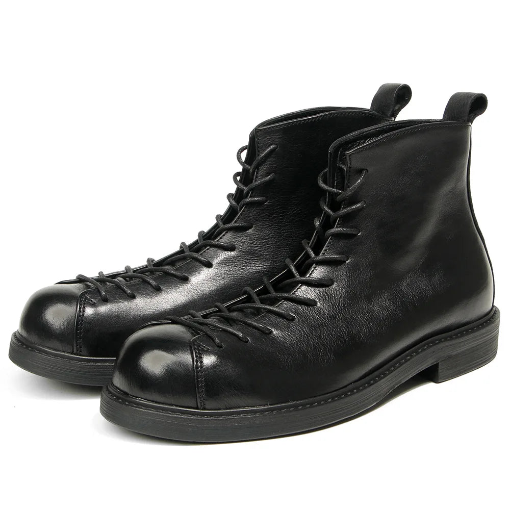 KOWM Cowhide Hiking Shoes Men's Walking Boot British Trekking Shoes Thick-Soled Cowhide High-Top Motorcycle Boots Ankle Sneakers