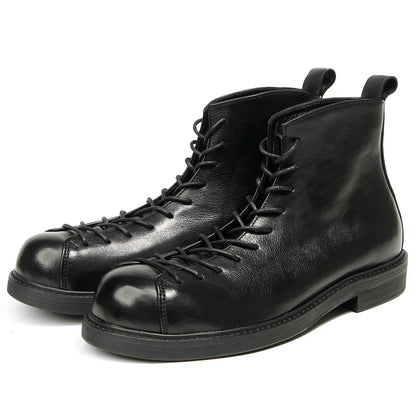 KOWM Cowhide Hiking Shoes Men's Walking Boot British Trekking Shoes Thick-Soled Cowhide High-Top Motorcycle Boots Ankle Sneakers