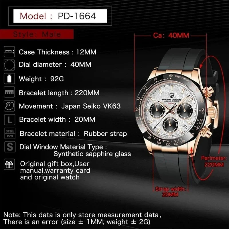 Originale neue PAGANI DESIGN PD-1664 Luxus-Herrenuhr mit japanischem VK63-Quarzwerk, Saphirglas, wasserdichtem Chronographen, Gold