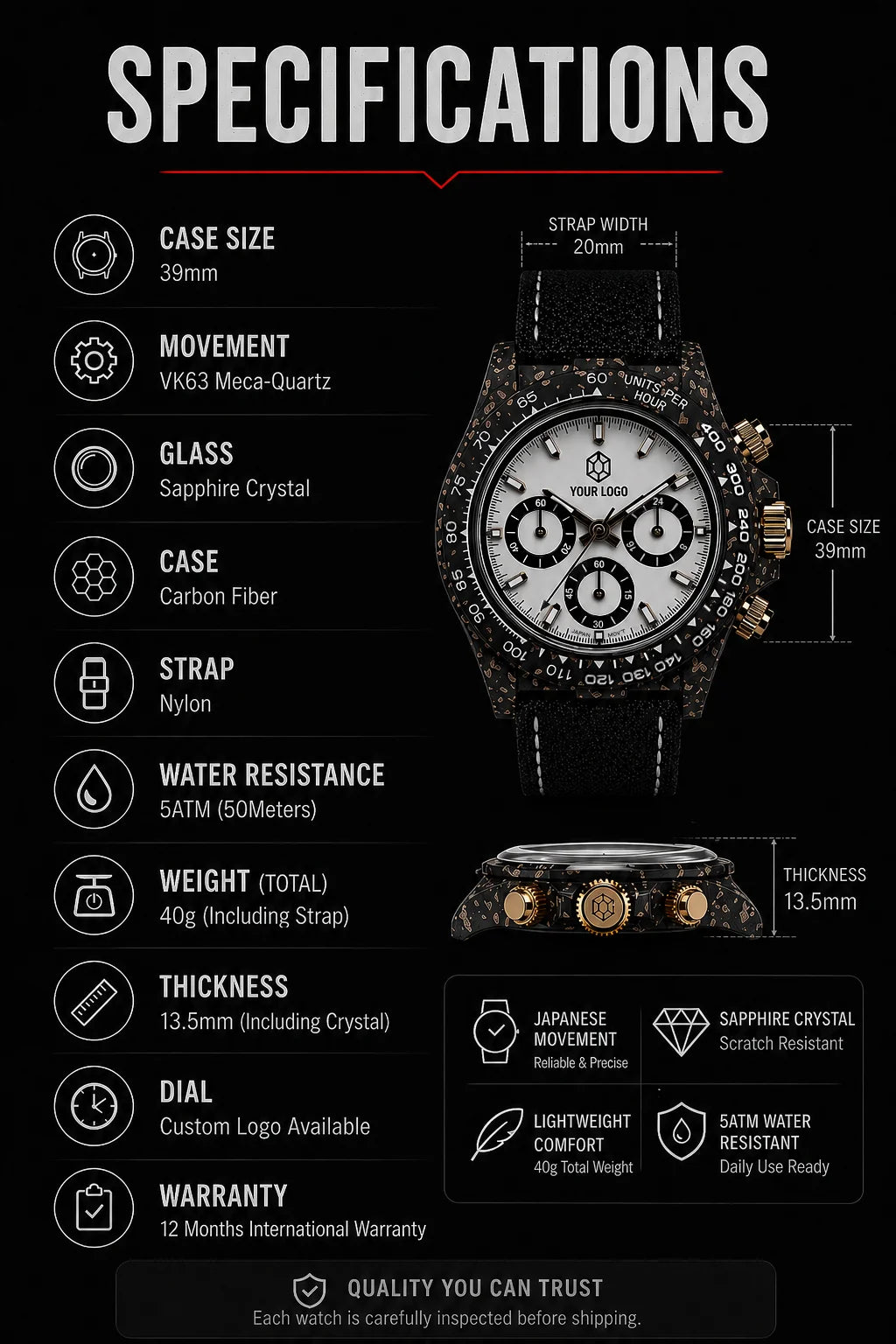 Montre chronographe « Panda » en fibre de carbone de 39 mm, VK63, quartz, verre saphir, logo personnalisé, pour homme, sportive