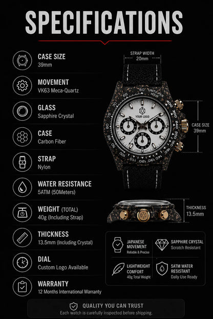 Montre chronographe « Panda » en fibre de carbone de 39 mm, VK63, quartz, verre saphir, logo personnalisé, pour homme, sportive