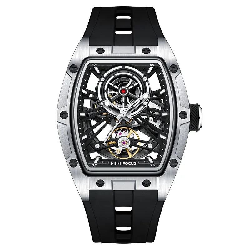 Reloj de pulsera MINI FOCUS para hombre, negro, a la moda, resistente al agua, mecánico automático, con manecillas luminosas, correa de silicona y esfera tonneau