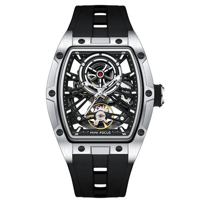 Reloj de pulsera MINI FOCUS para hombre, negro, a la moda, resistente al agua, mecánico automático, con manecillas luminosas, correa de silicona y esfera tonneau