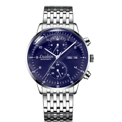 Mens Business Watch Mechanical Movement Multifunction Chronograph Stainless Steel Waterproof Automatic Calendar Sapphire