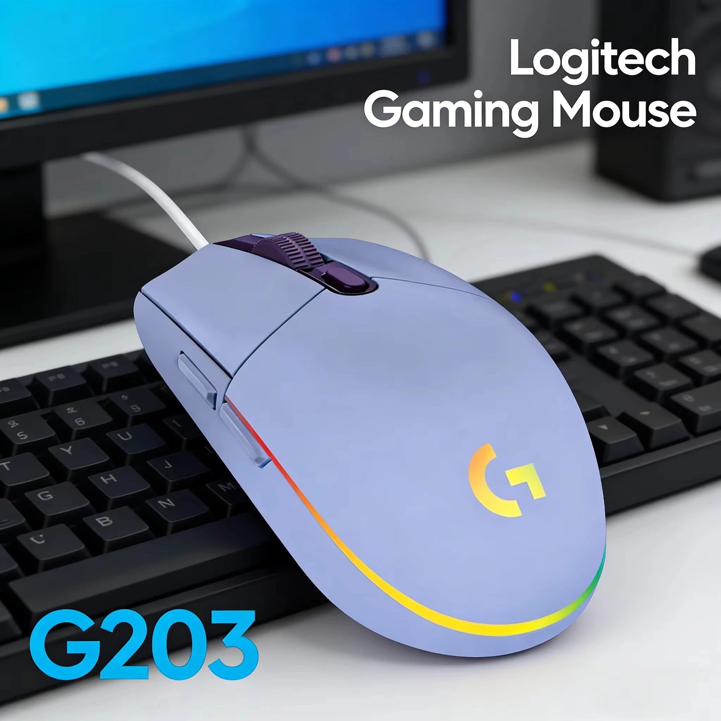 Logitech G102 G203 Wired Gaming Mouse 2.1 Meter Long Cable 8000 DPI RGB Effects for PC Laptop Office Gamer Flexible