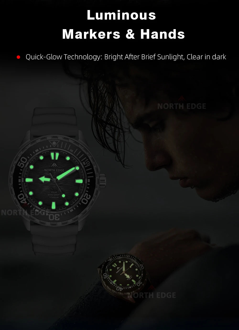 NORTH EDGE NEW+ TRITON-TI Titanium Solar-Powered Diving Watch Luxury Quartz Watches for Men 300M Waterproof 180+ Day Power