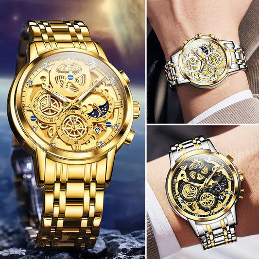 Orologio da uomo OLEVS – Modello di lusso, impermeabile, al quarzo, stile scheletrato, display 24 ore (giorno/notte), colore dorato