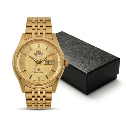 Orologio meccanico automatico da uomo Orient, con doppio calendario (data e giorno della settimana), indici in cristallo e bracciale in acciaio inossidabile – Orologio da polso dallo stile professionale