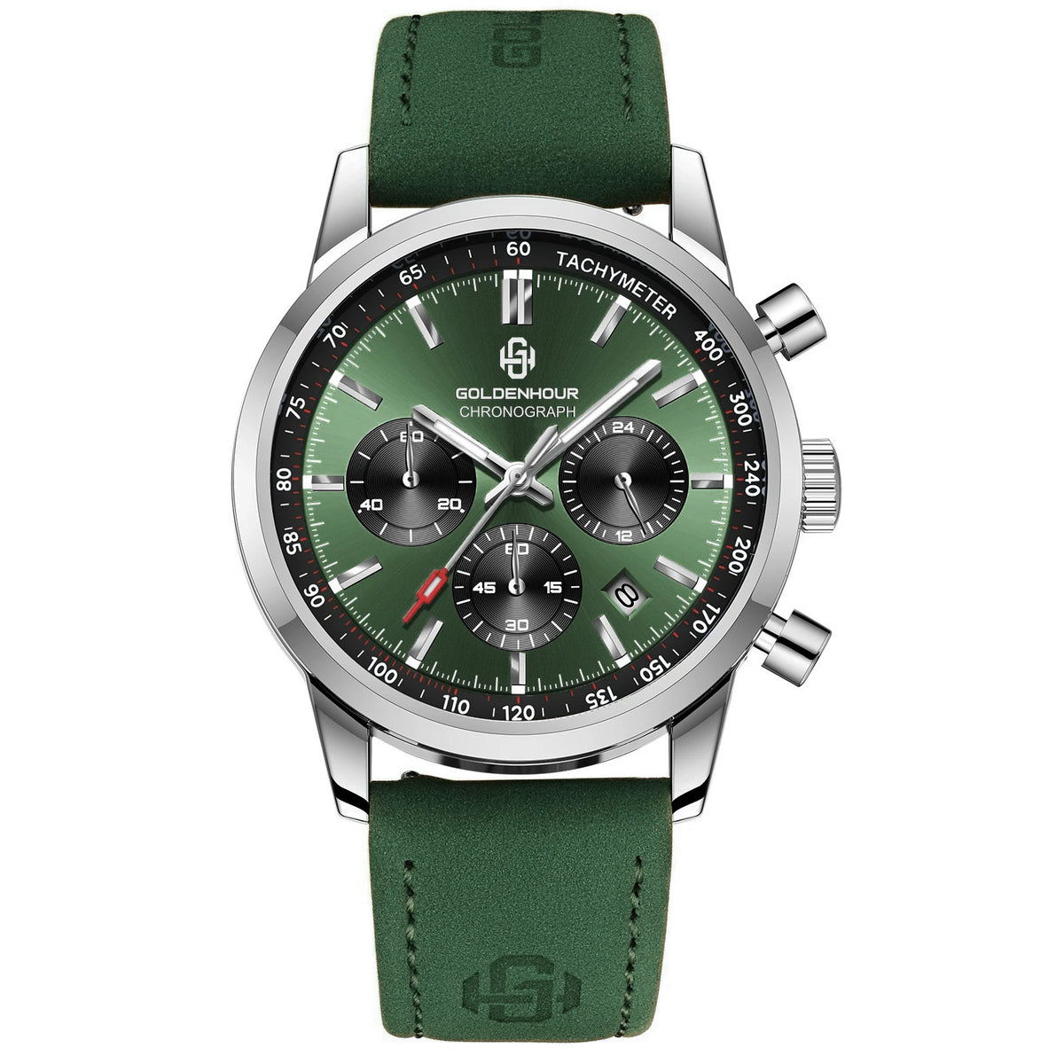 Orologio di lusso da uomo GOLDENHOUR – Cronografo al quarzo, quadrante verde, cinturino in pelle, impermeabile, luminescente, stile militare e sportivo