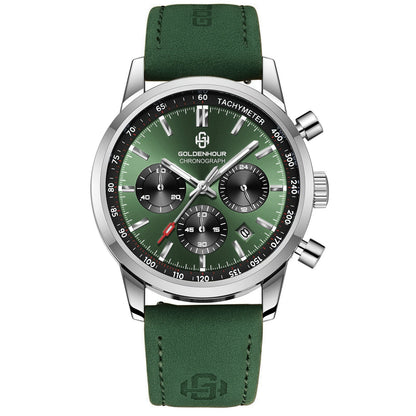 Orologio di lusso da uomo GOLDENHOUR – Cronografo al quarzo, quadrante verde, cinturino in pelle, impermeabile, luminescente, stile militare e sportivo