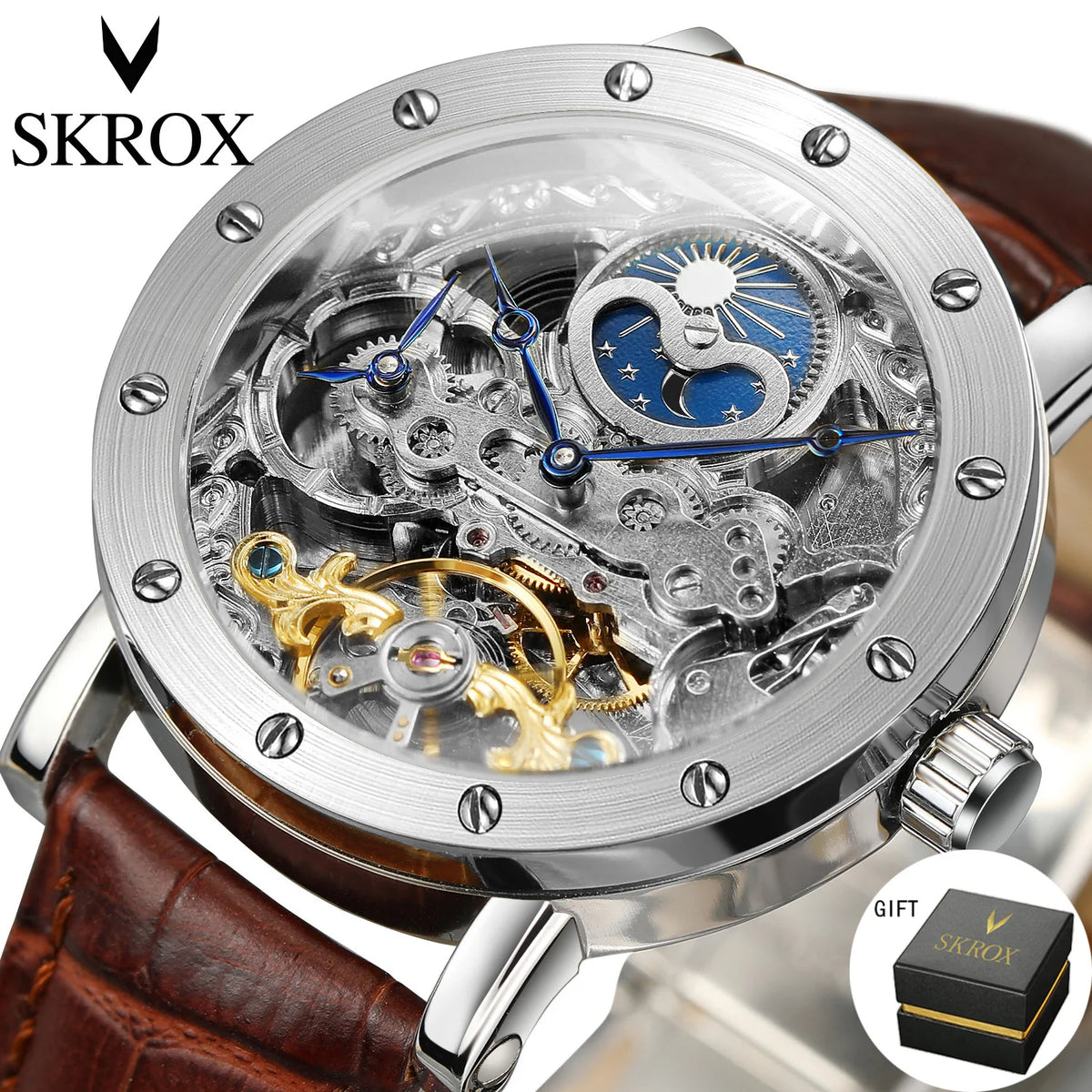 Orologio da polso meccanico automatico SKROX da uomo, modello scheletrato con funzione GMT, fasi lunari e tourbillon – Orologio di lusso di alta gamma, elegante e originale.