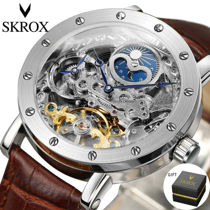 Orologio da polso meccanico automatico SKROX da uomo, modello scheletrato con funzione GMT, fasi lunari e tourbillon – Orologio di lusso di alta gamma, elegante e originale.