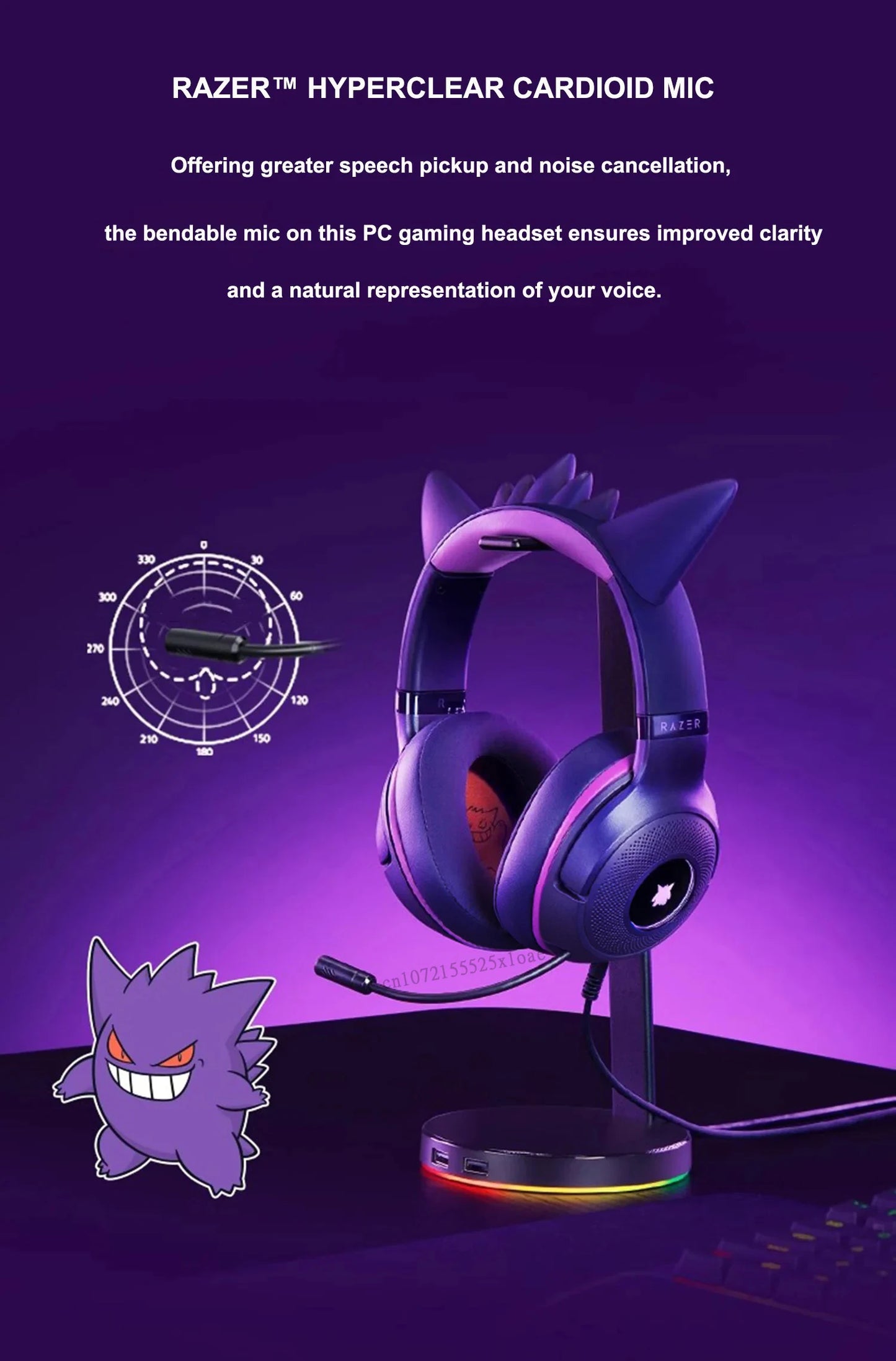 Razer Pokemon Gengar Edition RGB Kraken Kitty V2 Wired USB Gaming Headset - TriForce 40mm Drivers - HyperClear Cardioid Mic