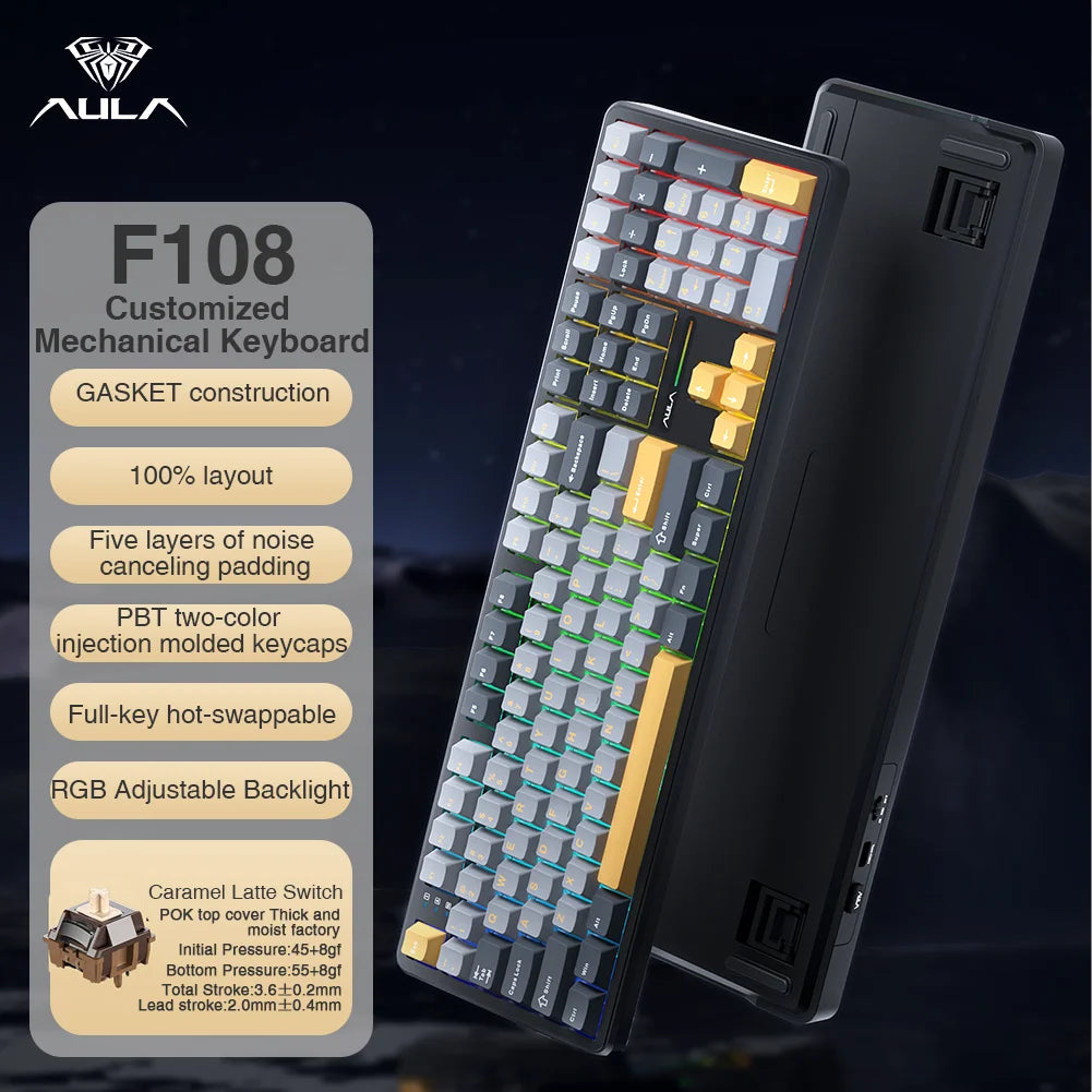 AULA F108 Keyboard 100% Layout 1K Polling Rate Mechanical Gaming Keyboard Hot Swappable Linear Switch with Macro Software