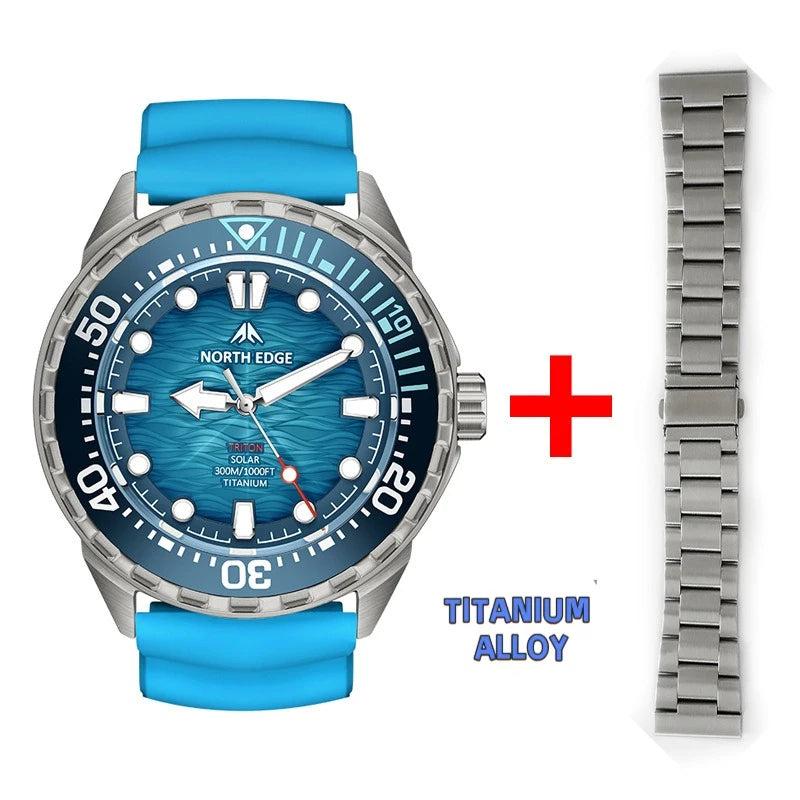 NORTH EDGE NEW+ TRITON-TI Titanium Solar-Powered Diving Watch Luxury Quartz Watches for Men 300M Waterproof 180+ Day Power