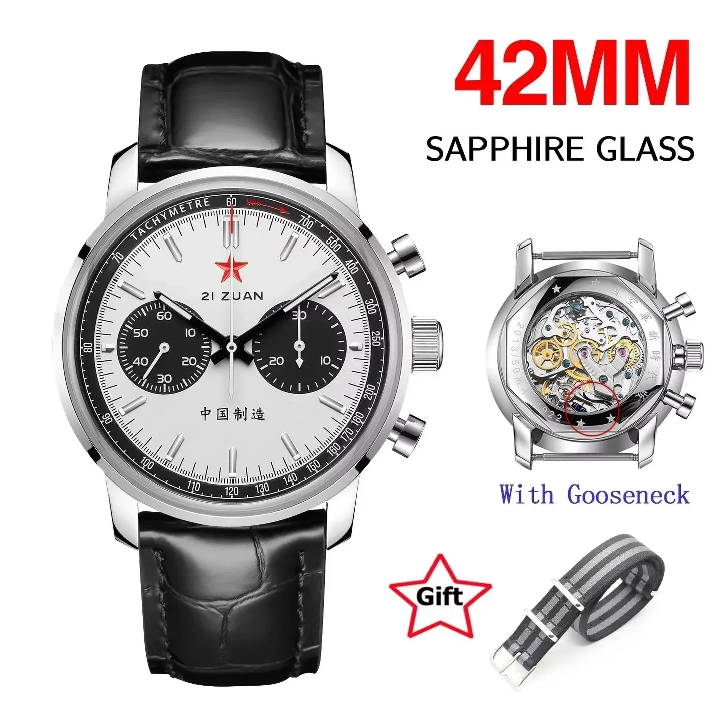 Red Star Panda Mens 1963 Chronograph Mechanical Wristwatch Seagull st1901 Movement Gooseneck 40mm Luminous Sapphire Pilot Watch