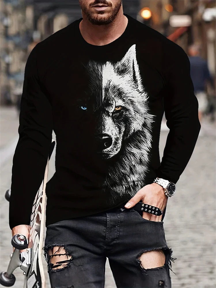 2024 New Wolf Print Men's Long Sleeve T-shirt Spring and Autumn Daily Casual Street Fashion Men's Long Sleeve T-shirt