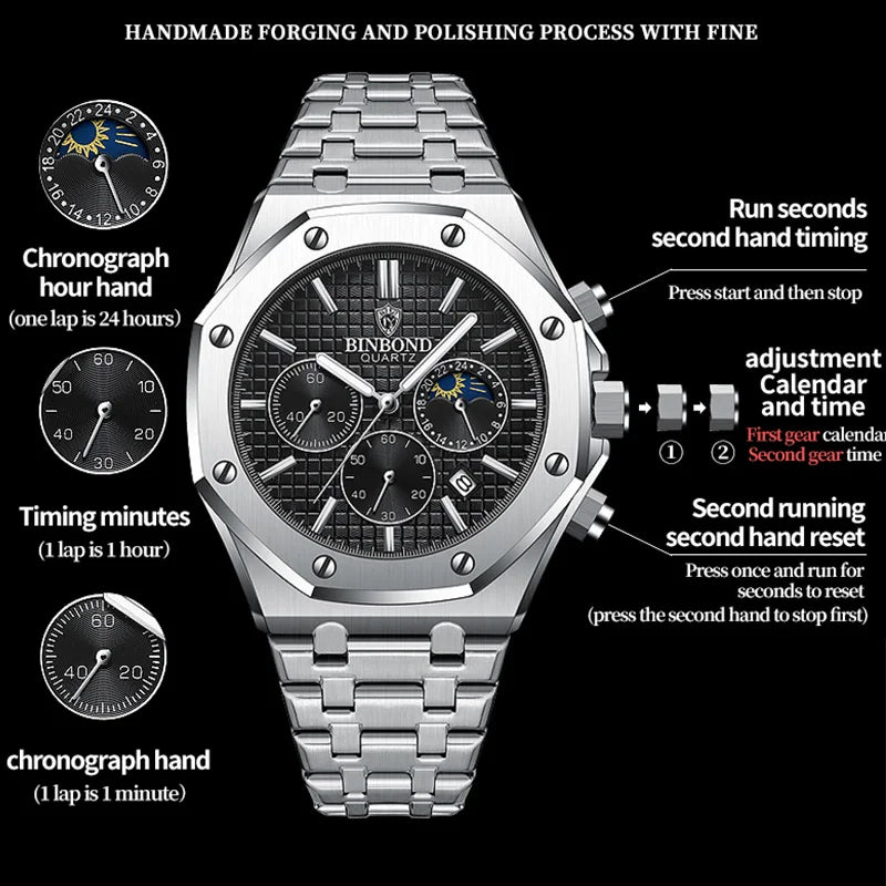 Montre-bracelet à quartz BINBOND pour homme, chronographe de luxe luminescent, en acier inoxydable, étanche, avec date et calendrier