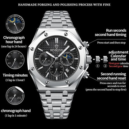 Montre-bracelet à quartz BINBOND pour homme, chronographe de luxe luminescent, en acier inoxydable, étanche, avec date et calendrier