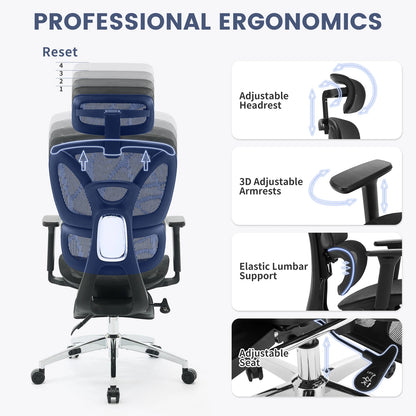 Ergonomic Office Chair, High Back Mesh Desk Chair w/Footrest, Dynamic Lumbar Support, Adjustable Headrest 90-125° Tilt Backrest