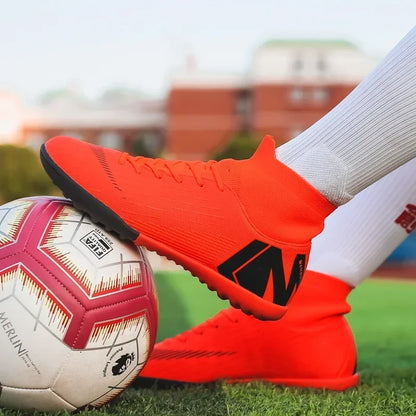 Crampons de Football pour hommes, bottes de Football, crampons d'entraînement, professionnels, résistants à l'usure, antidérapants, longues pointes TF/FG, rouge, nouveau