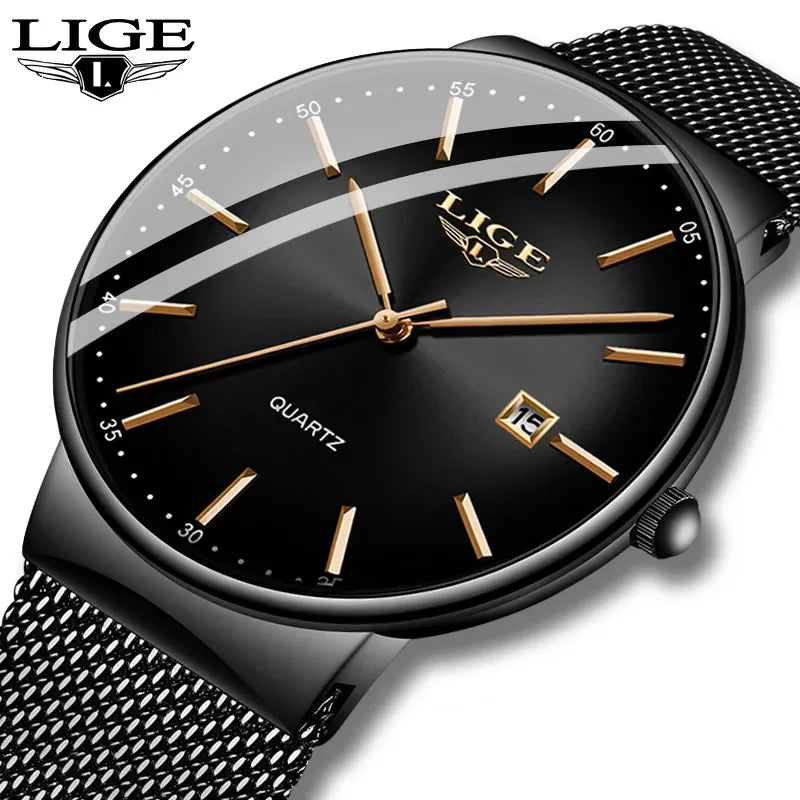 Orologio da uomo LIGE, modello elegante e lussuoso, ultrasottile, impermeabile, con bracciale a maglia, movimento al quarzo, datario e calendario – ideale per uno stile professionale.