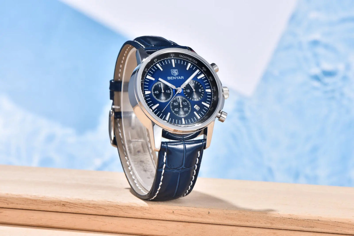 Orologio di lusso da uomo Benyar – Cronografo con datario, cinturino in pelle, impermeabile, luminescente, stile sportivo e militare, orologio al quarzo